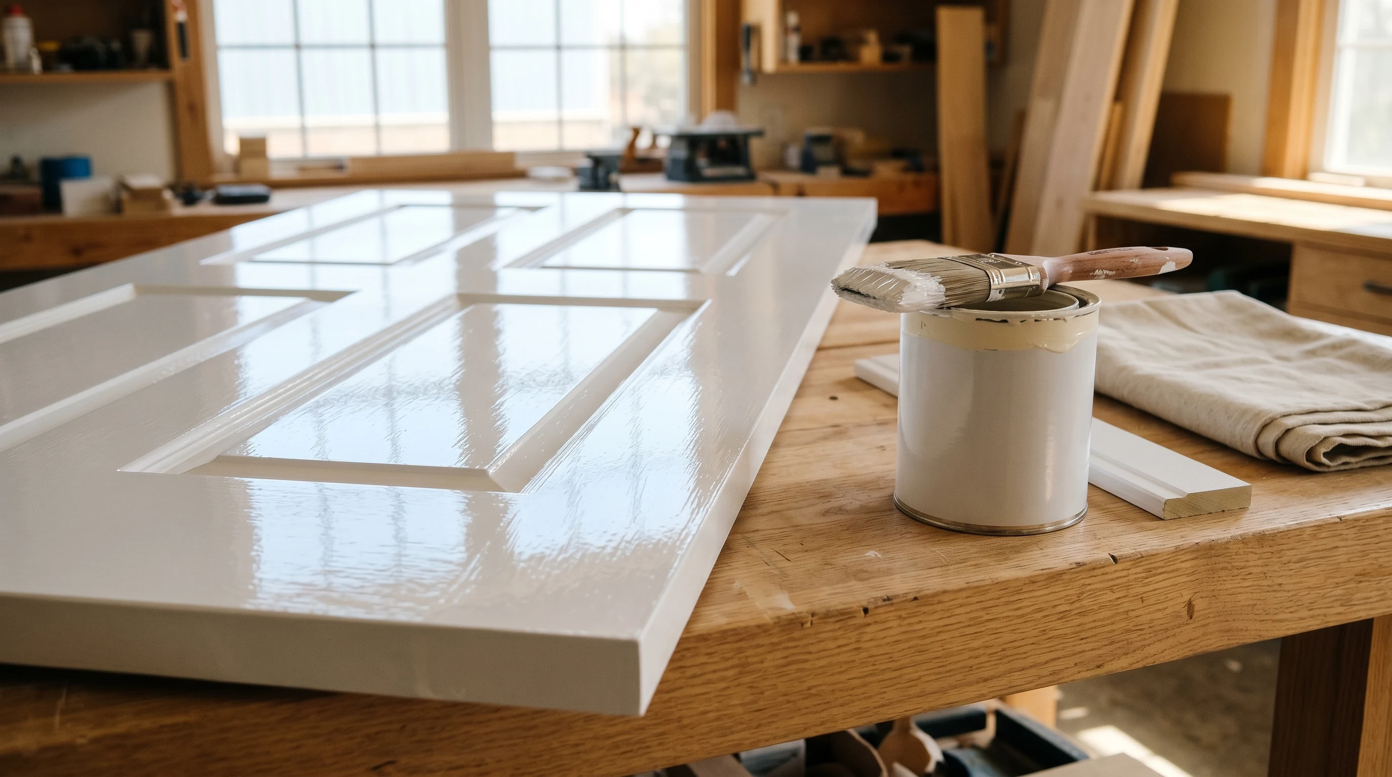 Close-up of a glossy white interior door drying on a workbench, with a sash brush across an open quart of urethane enamel
