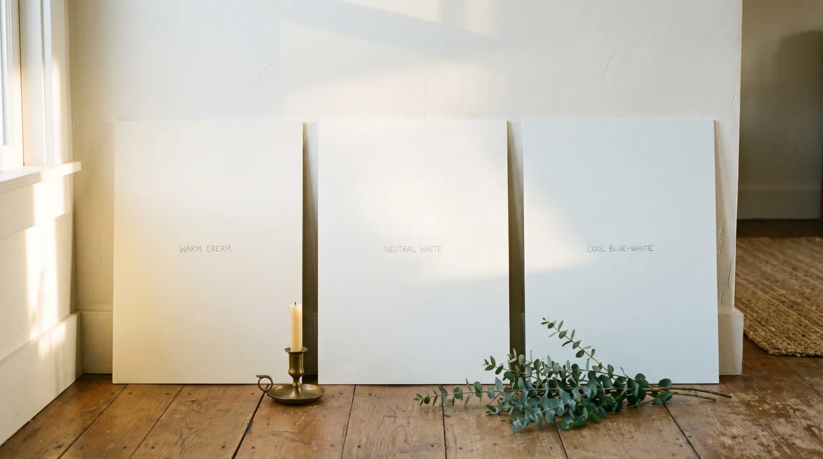 Three white paint sample boards reading warm, neutral, and cool in raking daylight against a white wall