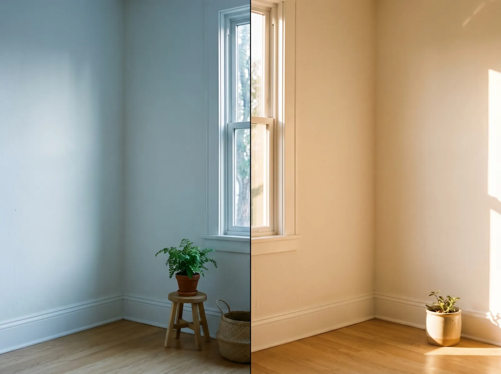 The same white wall reading cool blue-grey in morning light and warm cream in afternoon light