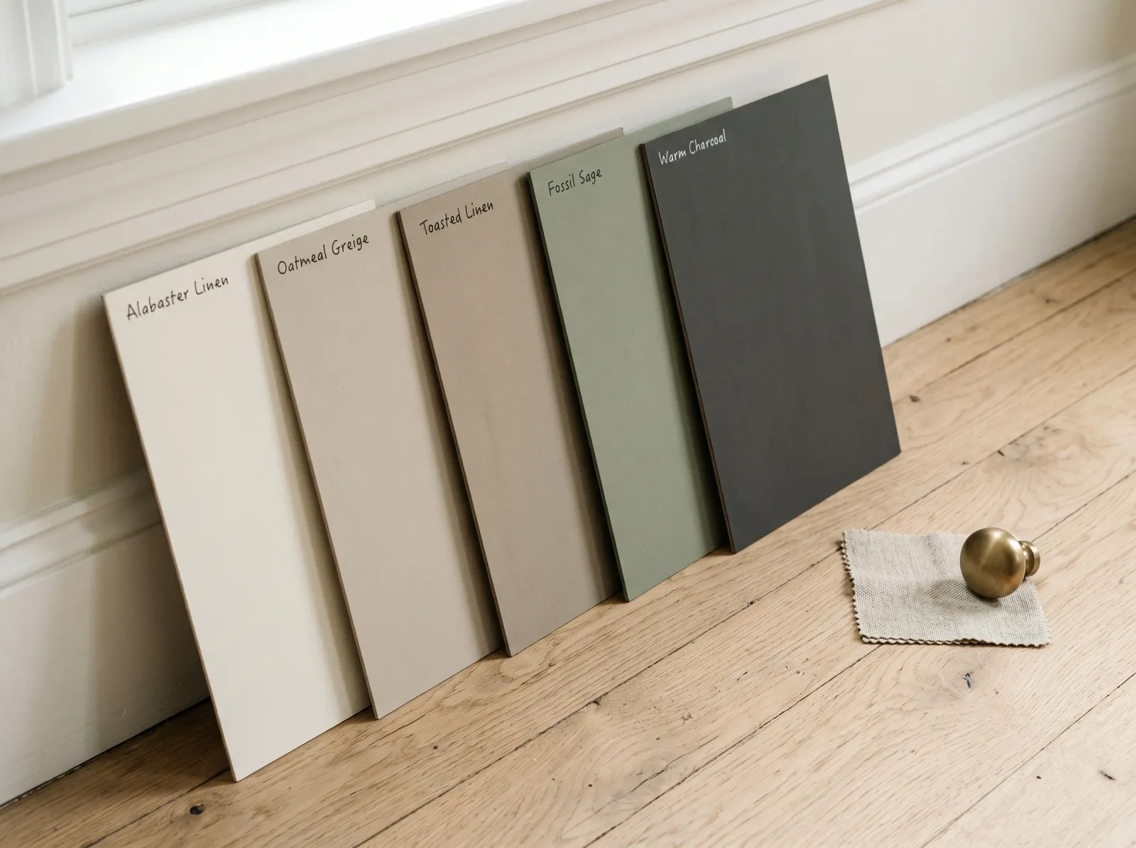 Five coordinated paint sample boards leaned against a baseboard, ranging from cream to charcoal with a shared warm undertone