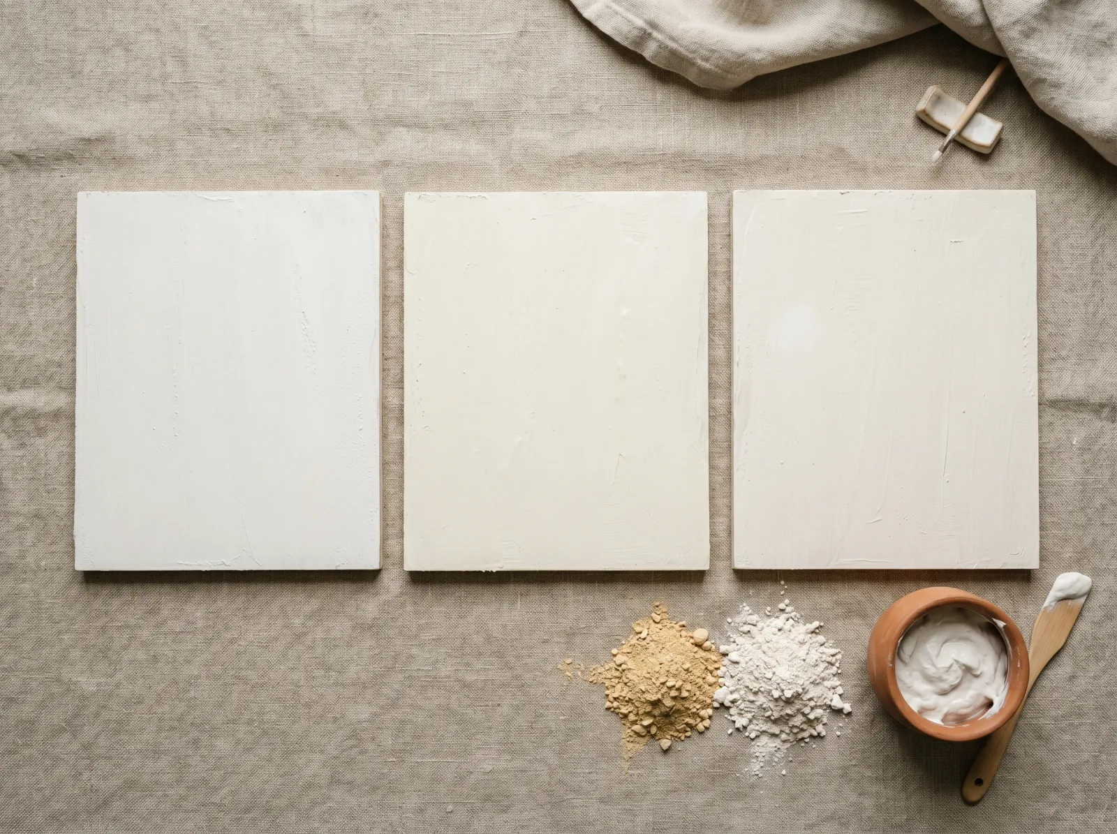 Three white paint swatch boards beside raw mineral pigments and lime putty
