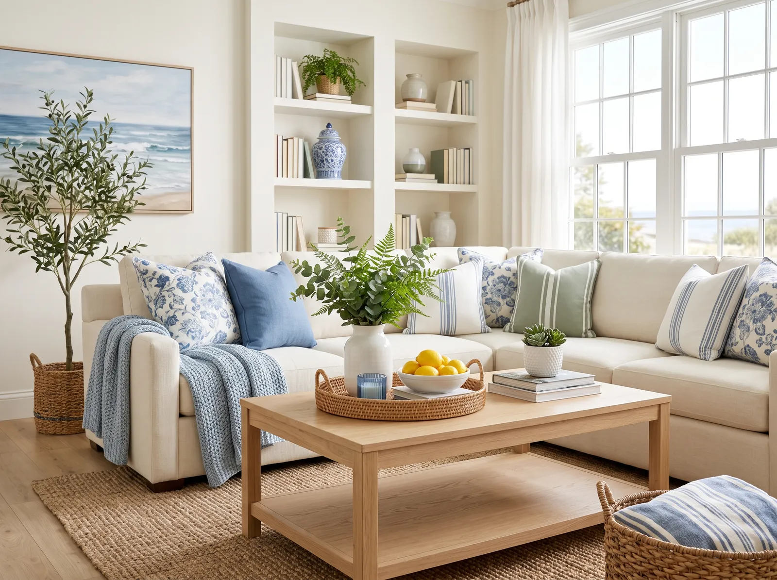 White living room with a sage green sofa and soft blue cushions