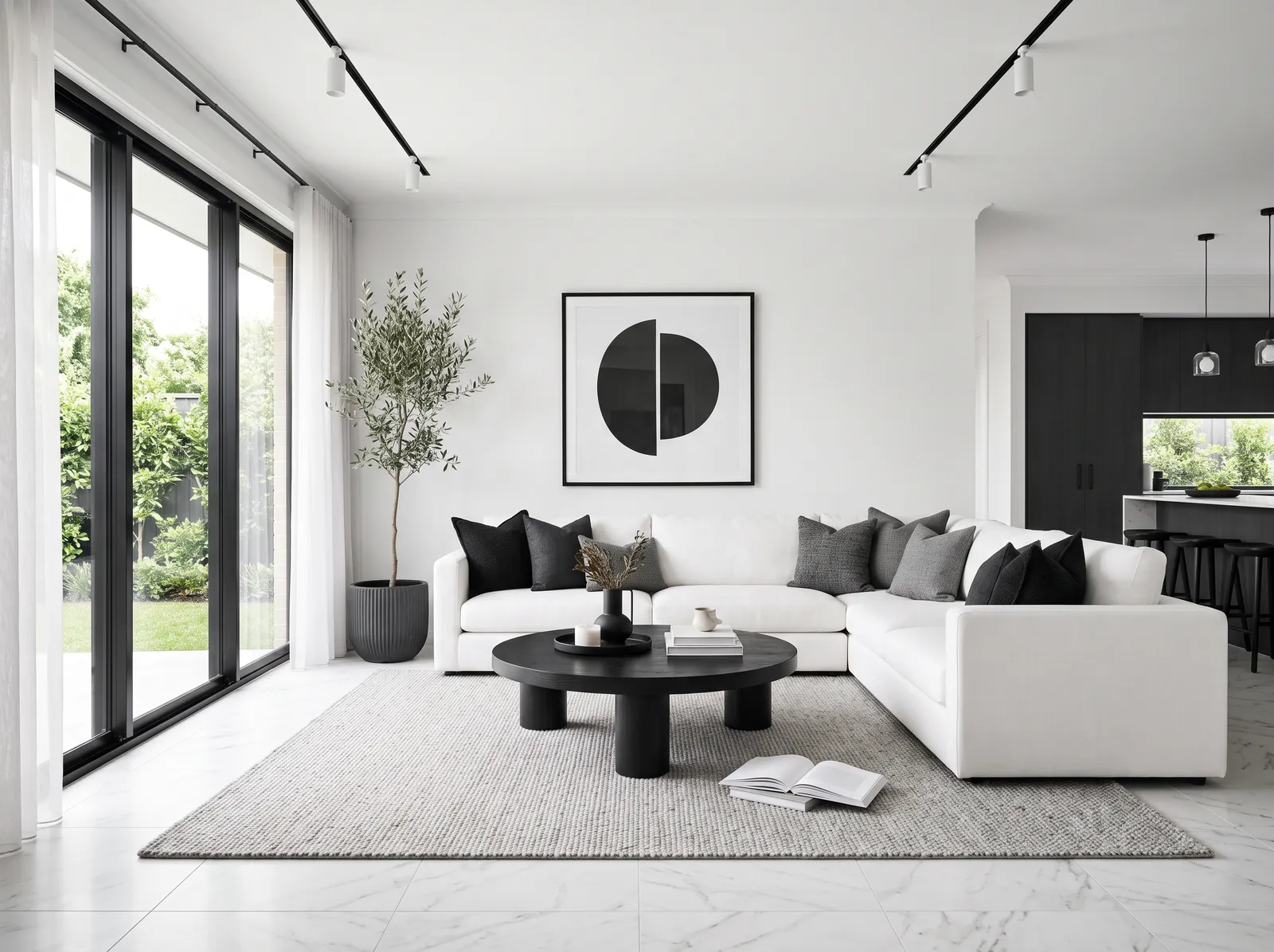 White room styled with soft black and charcoal