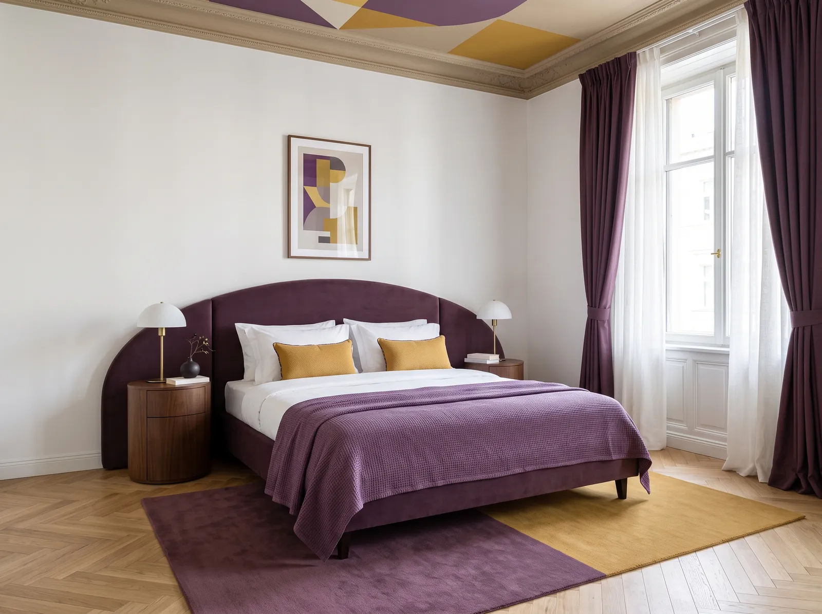 White room styled with plum and ochre yellow