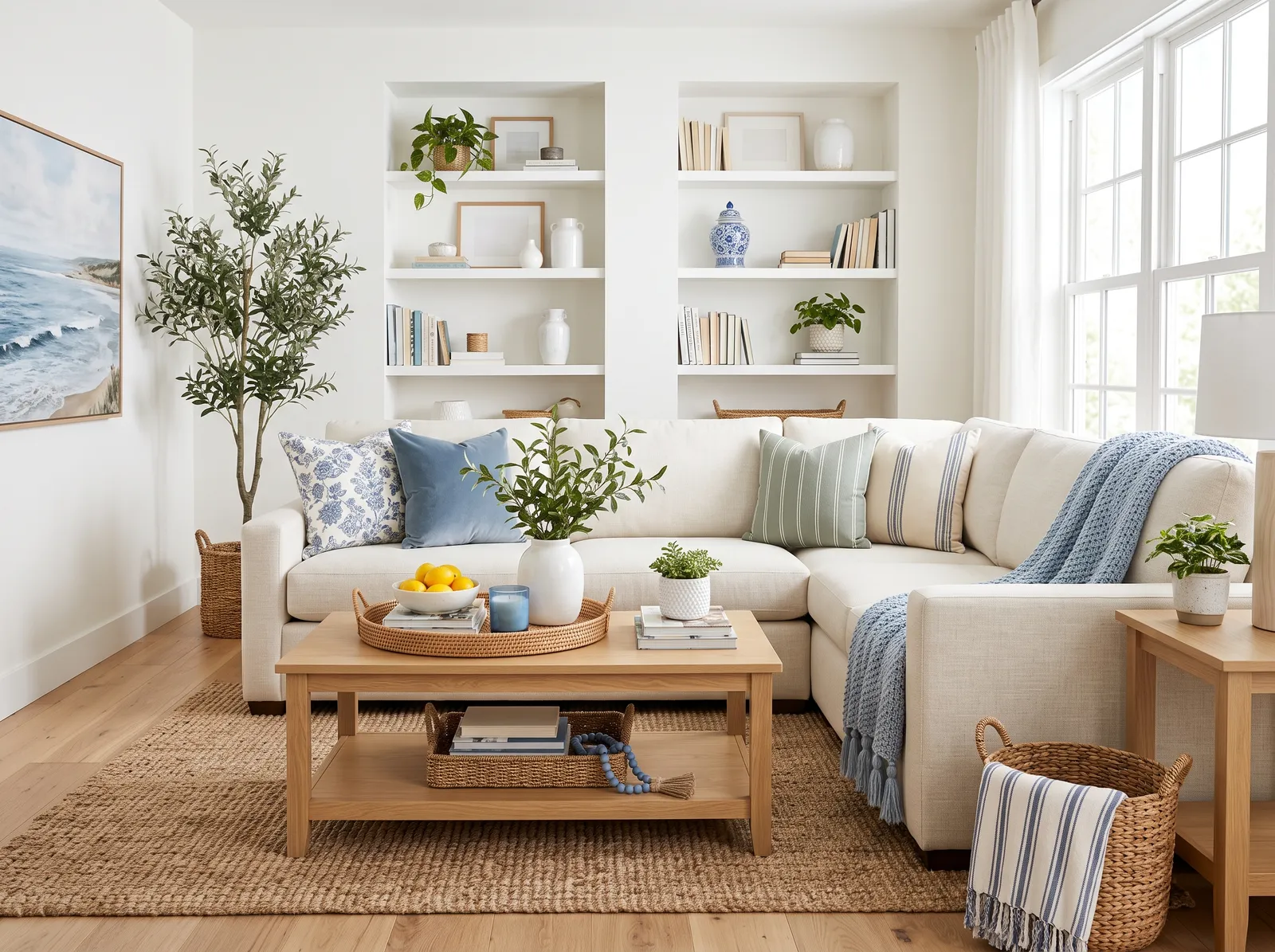White room styled with crisp navy and sea glass green