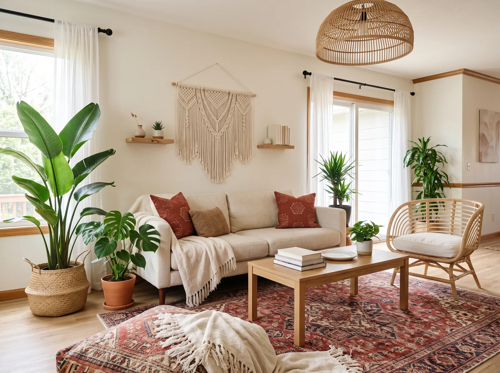 White room styled with terracotta and natural rattan