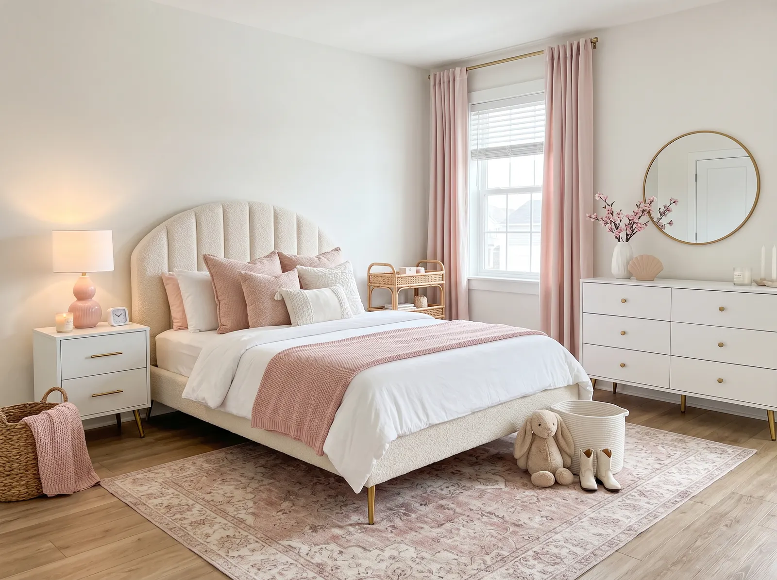 White room styled with soft blush and warm gold