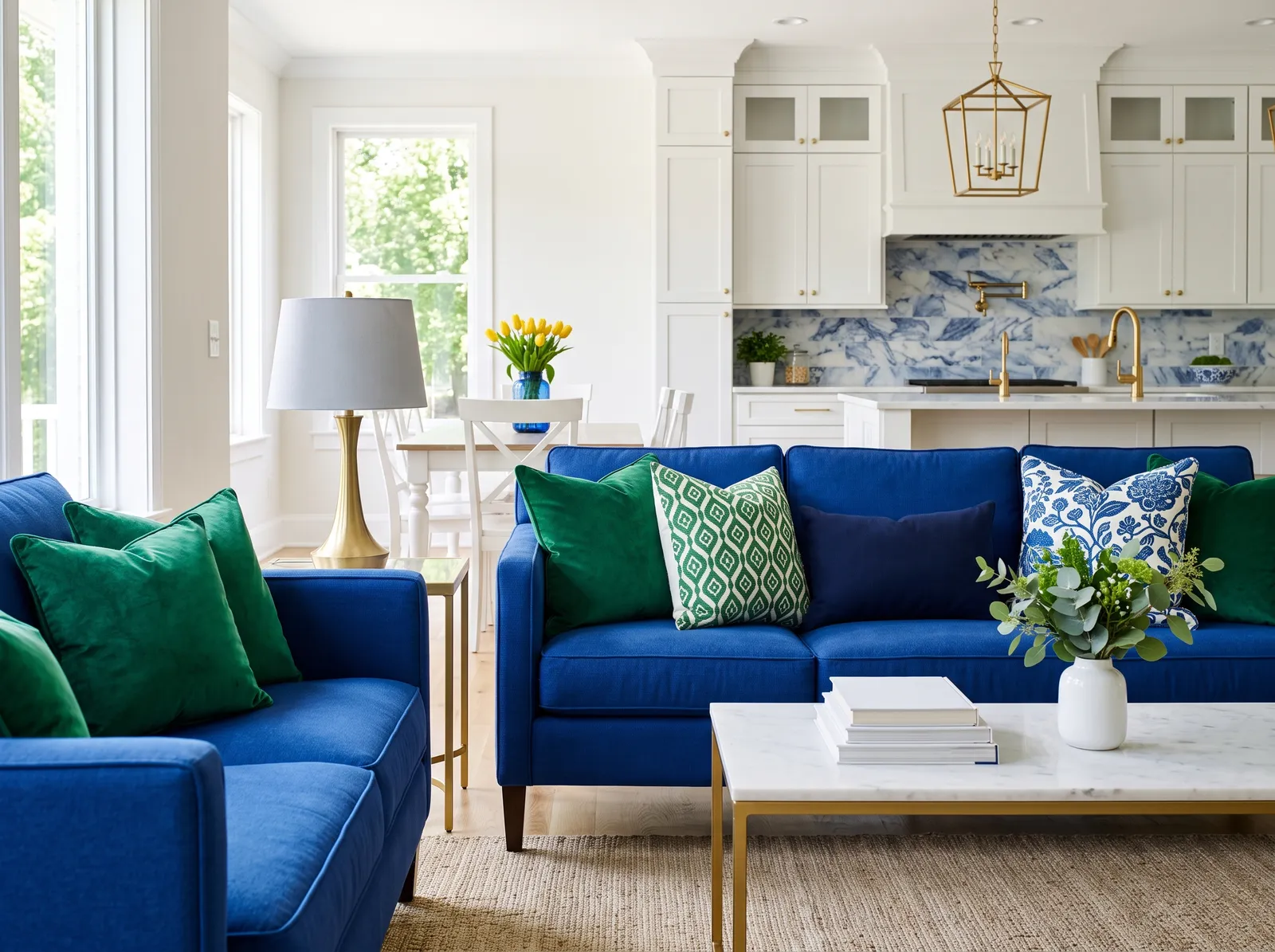 White room styled with cobalt blue and emerald green