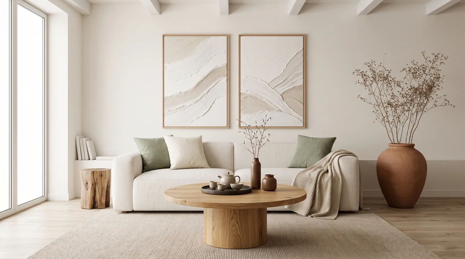 Bright white living room with sage and dusty-blue cushions, light oak furniture, and black-framed art