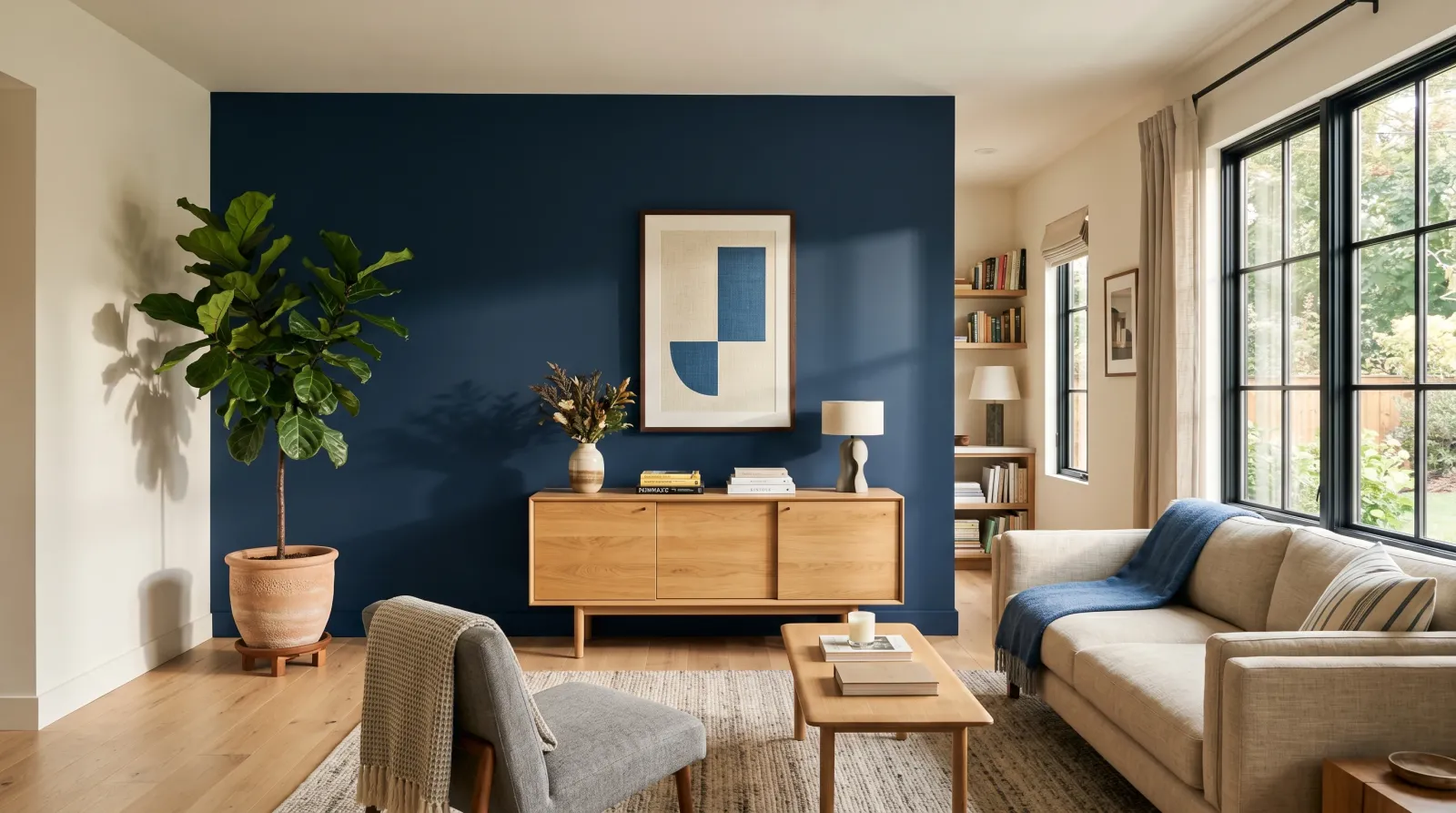 Sunlit living room with a single deep navy accent wall behind an oak credenza