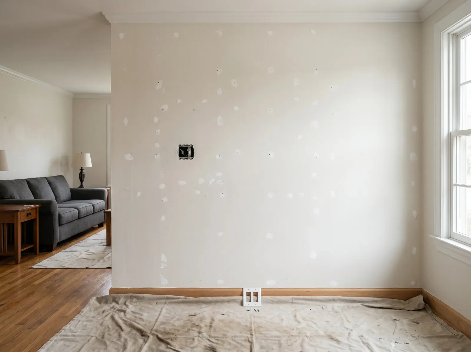 Bare accent wall prepped for paint with furniture pulled away and floor covered