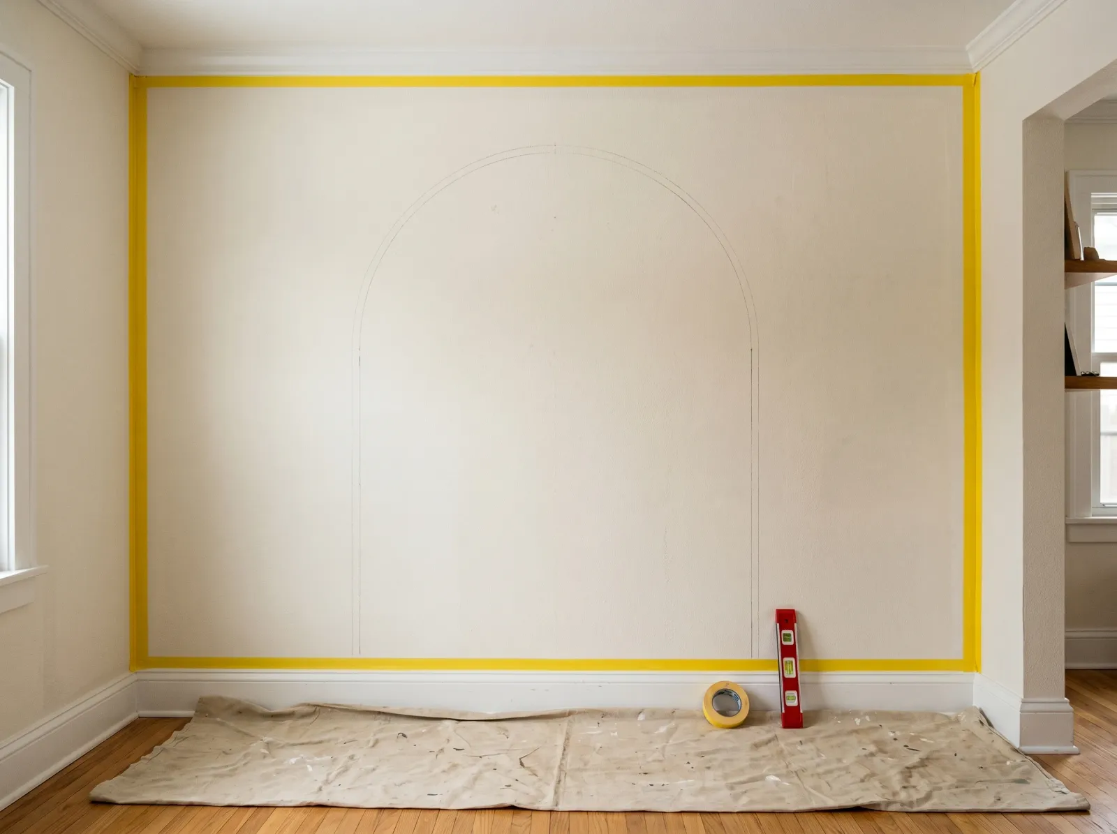 Accent wall taped off in yellow painter's tape along ceiling, baseboard, and corners