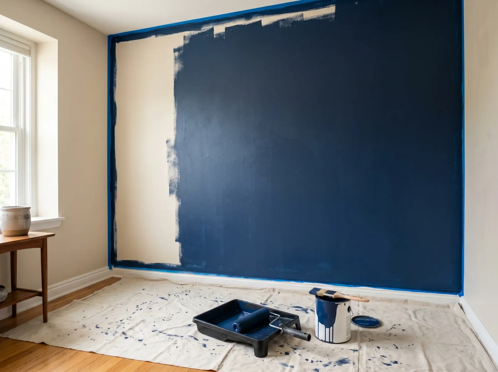 Accent wall with first coat of navy paint rolled on, cut-in band visible at the edges