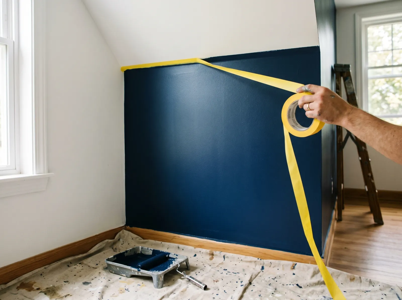 Painter's tape being pulled off a freshly painted navy accent wall in one clean strip
