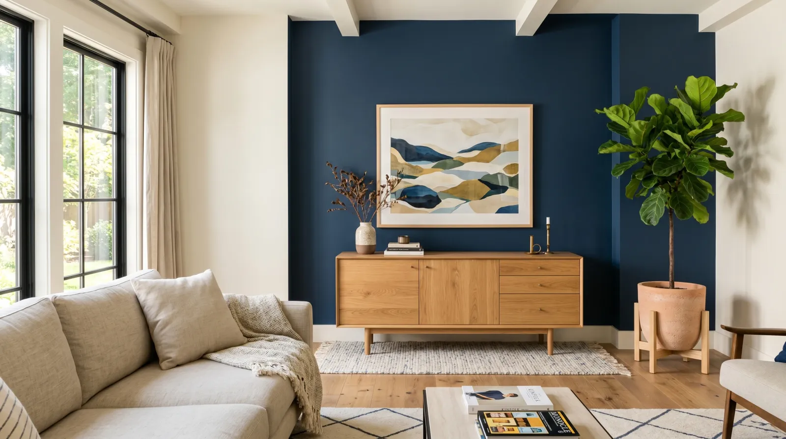 Finished living room with navy accent wall, credenza back in place, art rehung