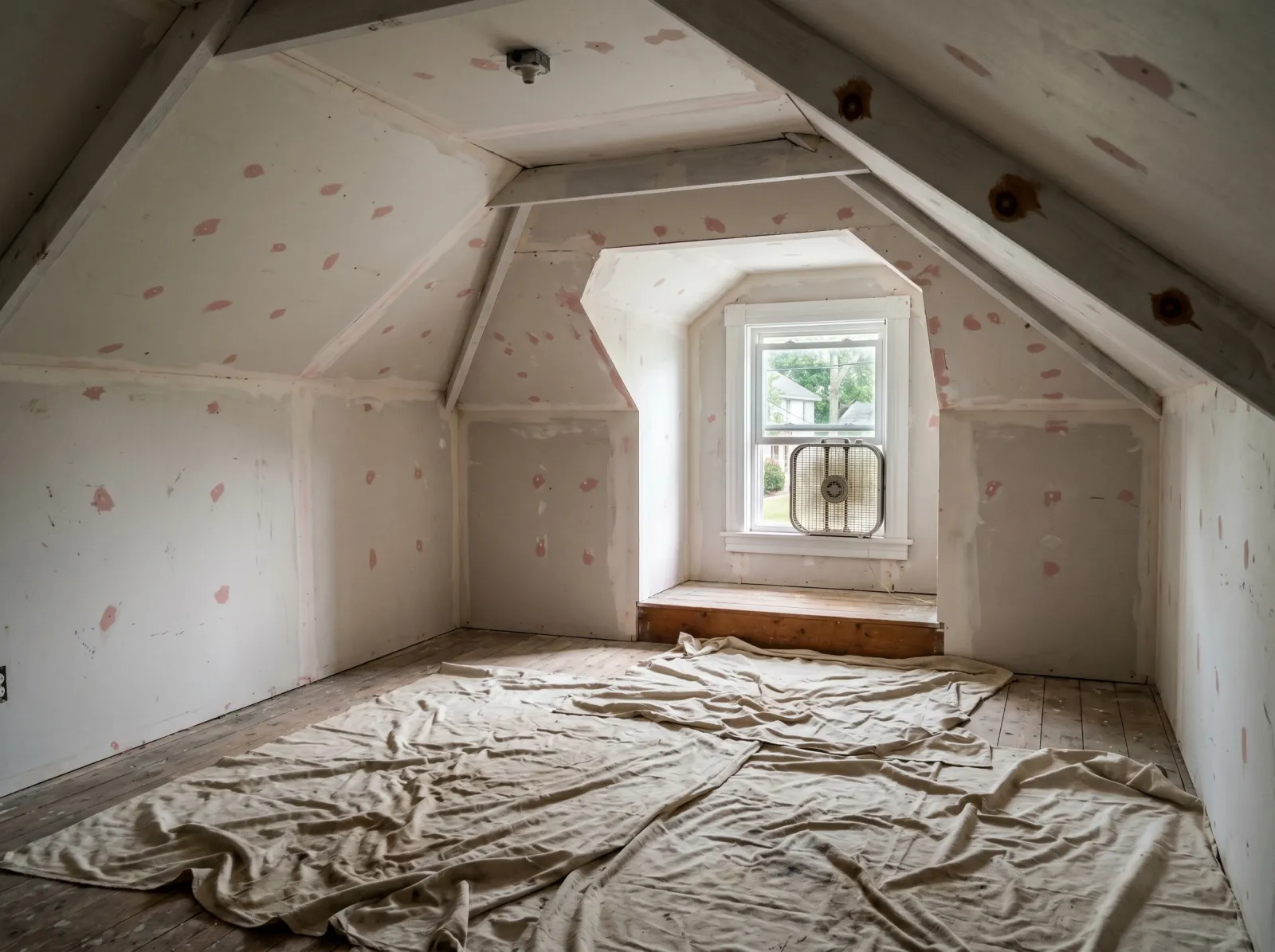 Attic prepped with a box fan in the window and walls patched