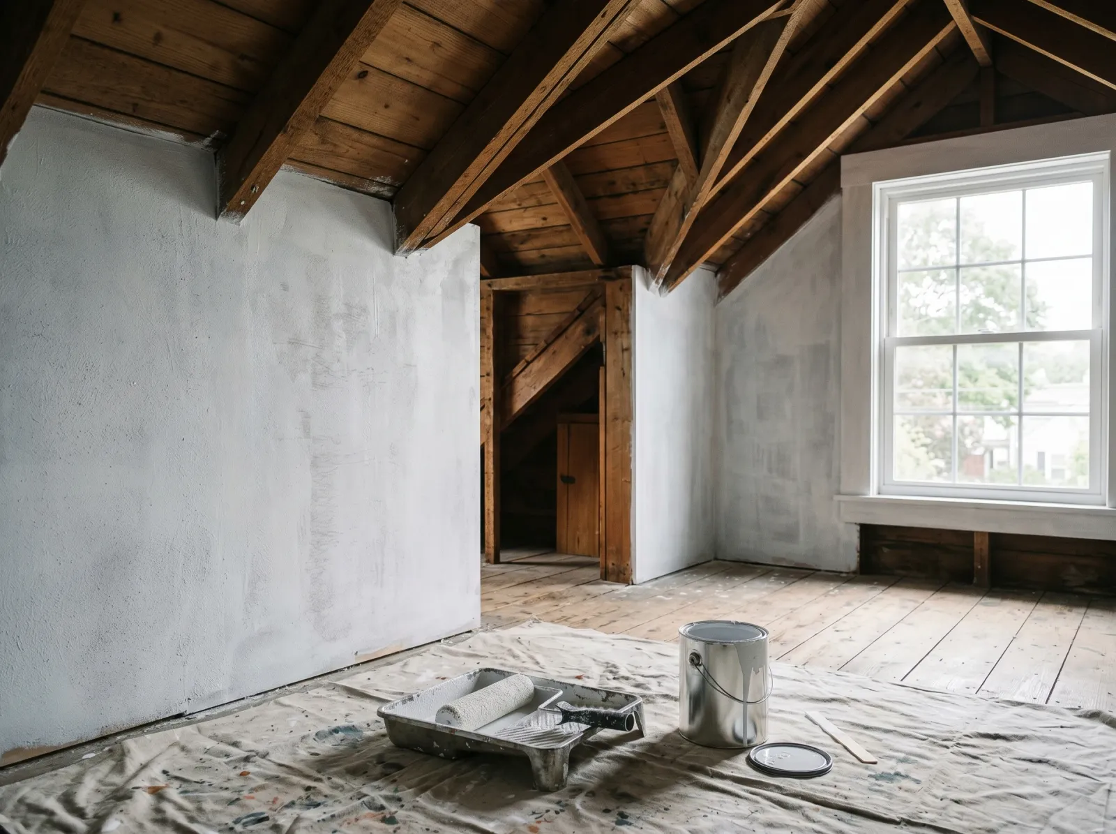 Attic walls and sloped ceiling coated in white-grey primer