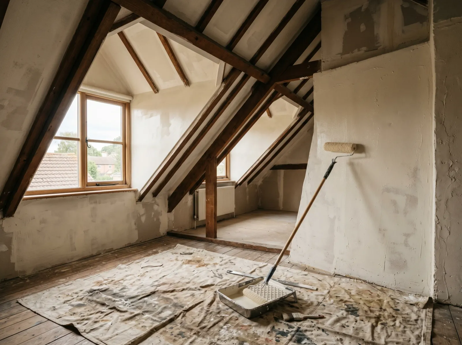 Attic slopes with a first patchy coat of warm white paint