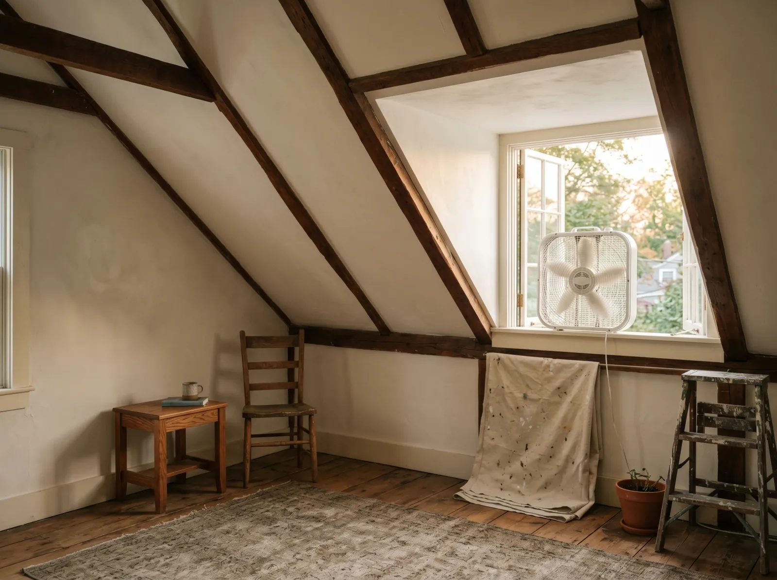 Attic with smooth second coat and a fan running by the window