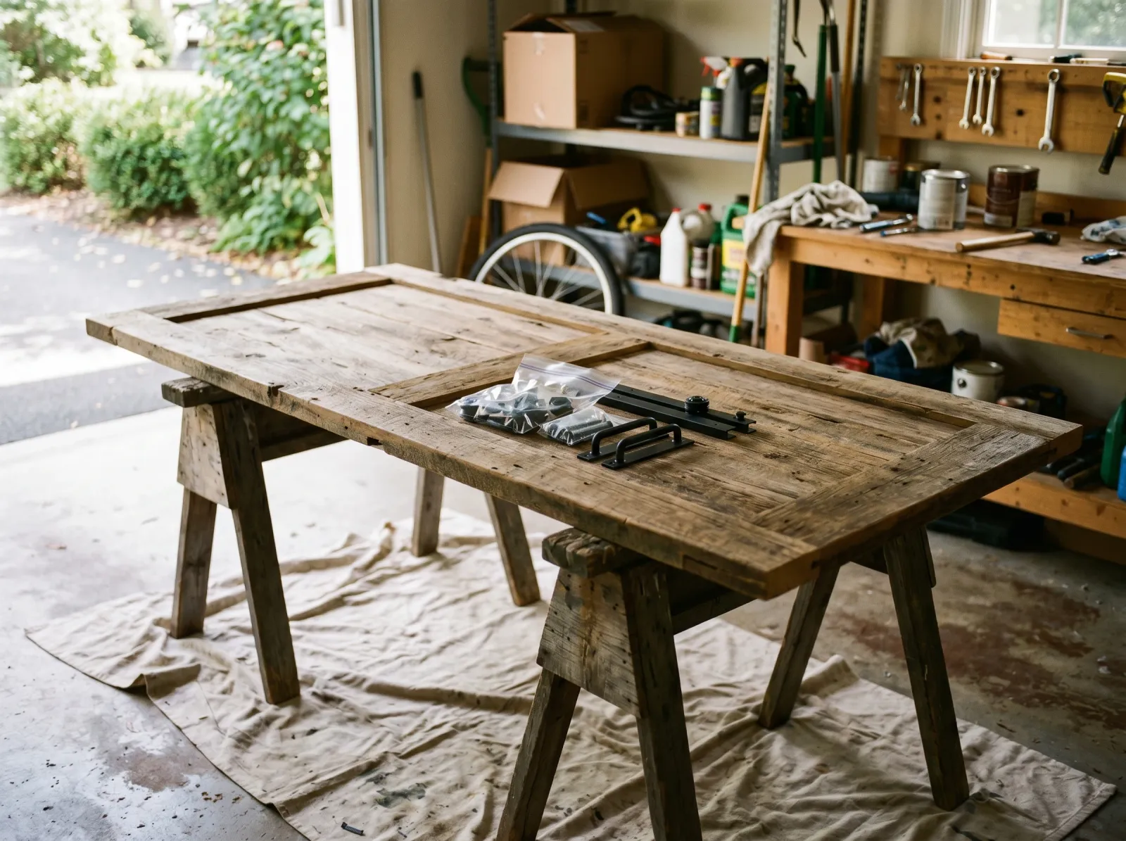 Barn door laid flat on sawhorses with sliding hardware removed and bagged