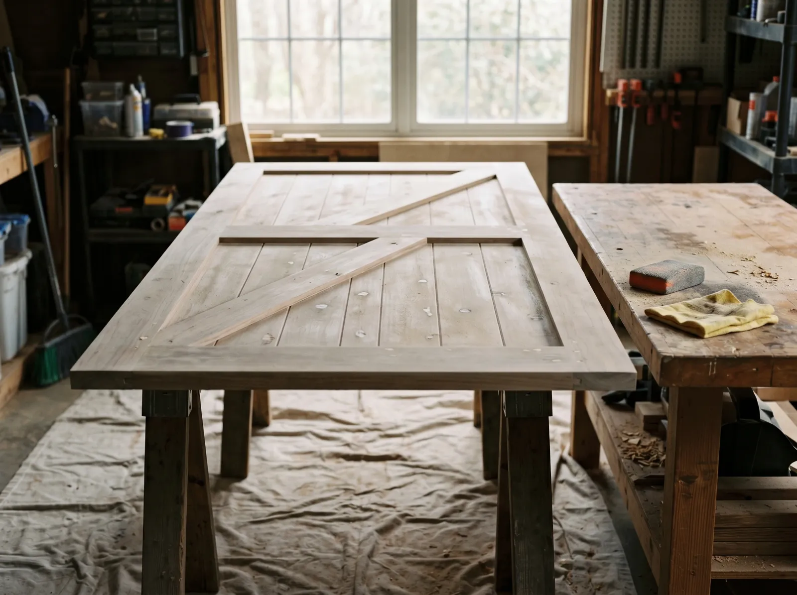 Sanded barn door on sawhorses with wood-filler patches and a sanding sponge nearby