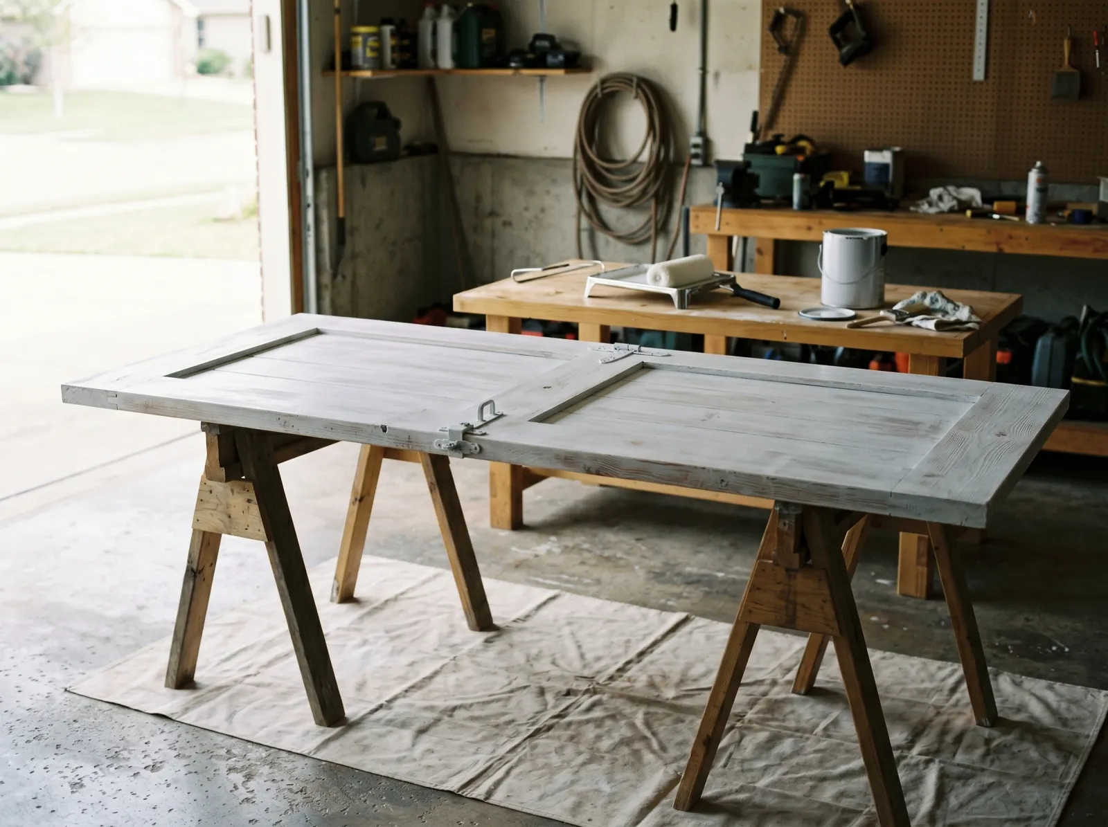 Barn door coated in white-grey stain-blocking primer drying flat on sawhorses