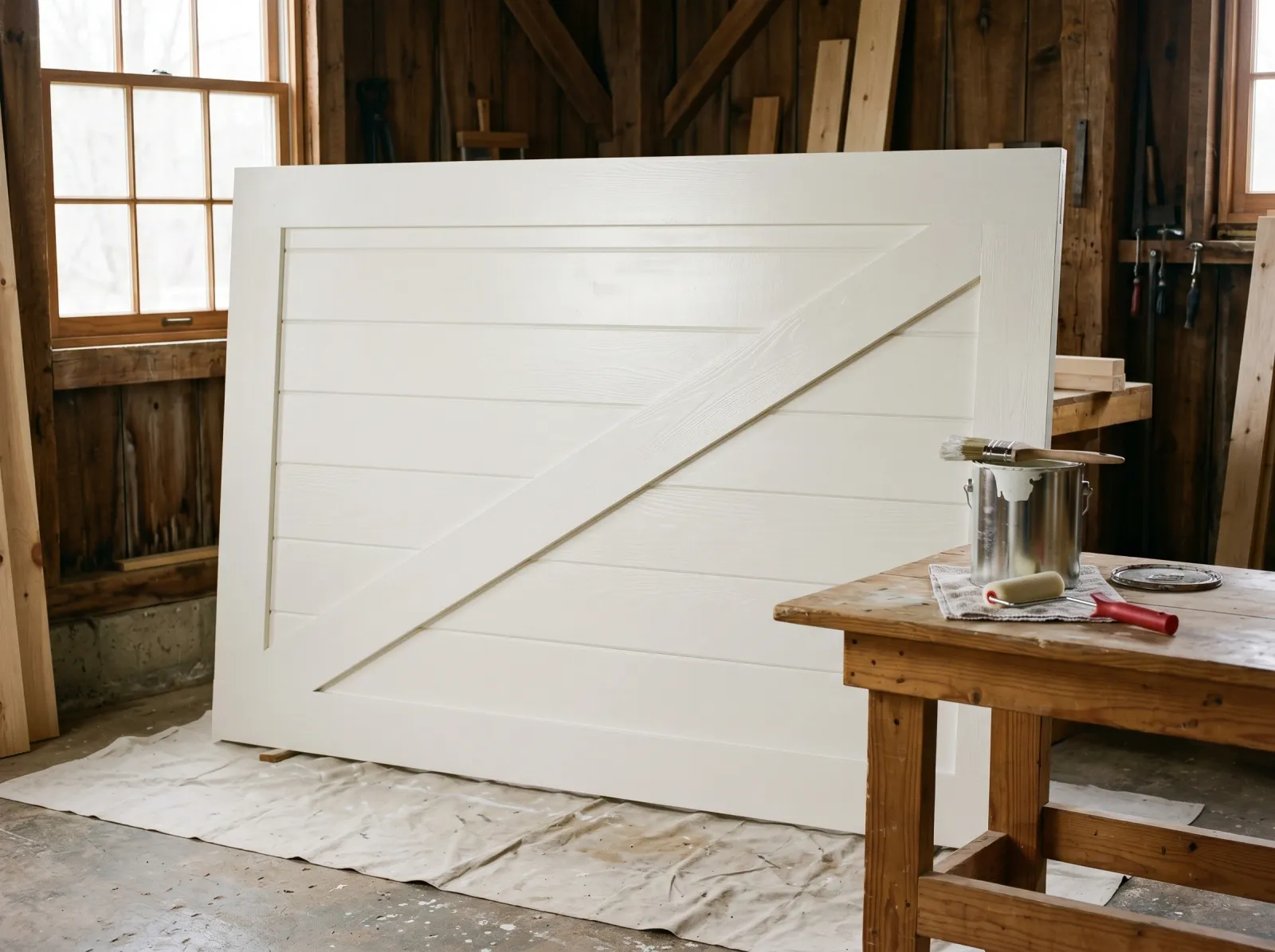 Barn door with first coat of warm white enamel, brush and foam roller nearby