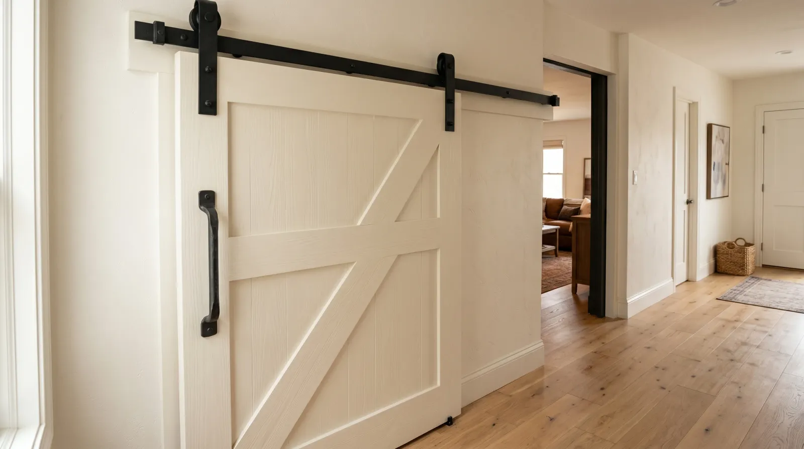 Finished white barn door rehung on its black track in a sunlit hallway