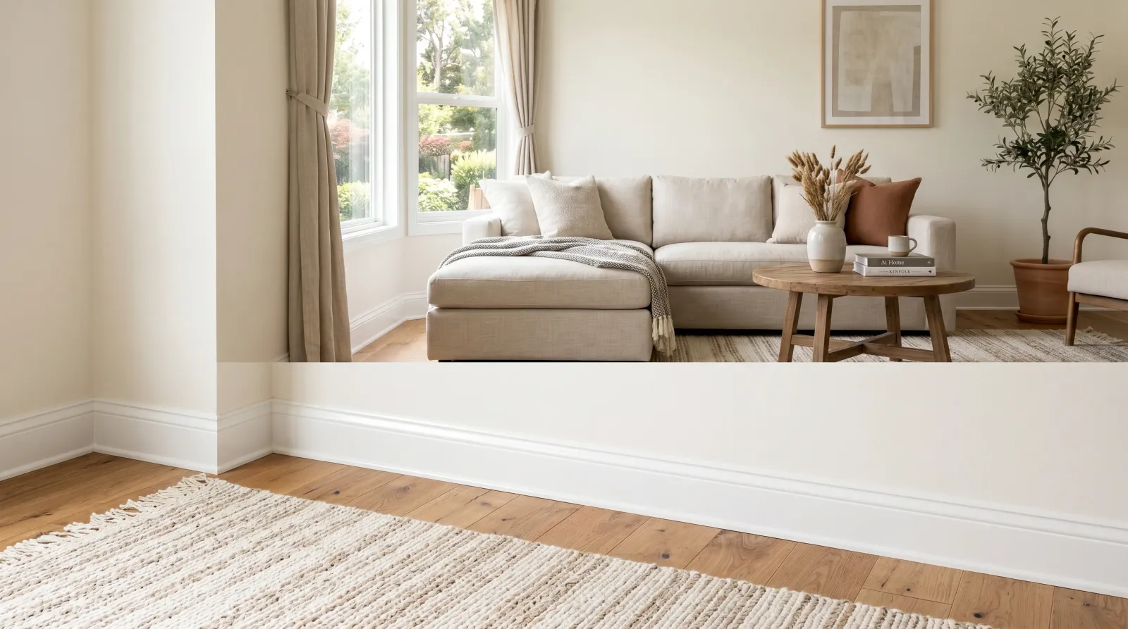 Sunlit living room with freshly painted crisp white semi-gloss baseboards over warm oak floors