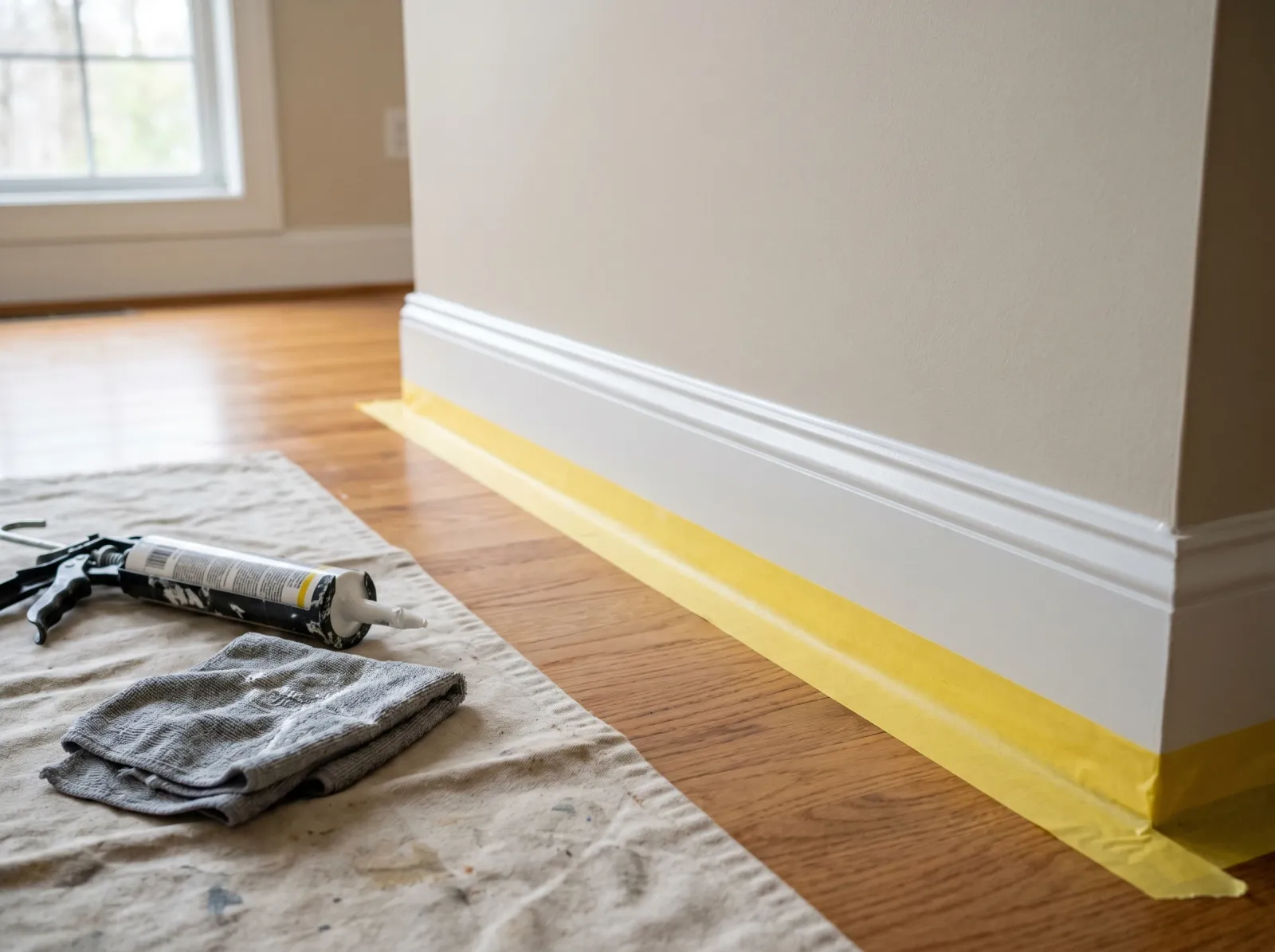 White baseboard freshly caulked at the wall seam with the floor masked in painter's tape