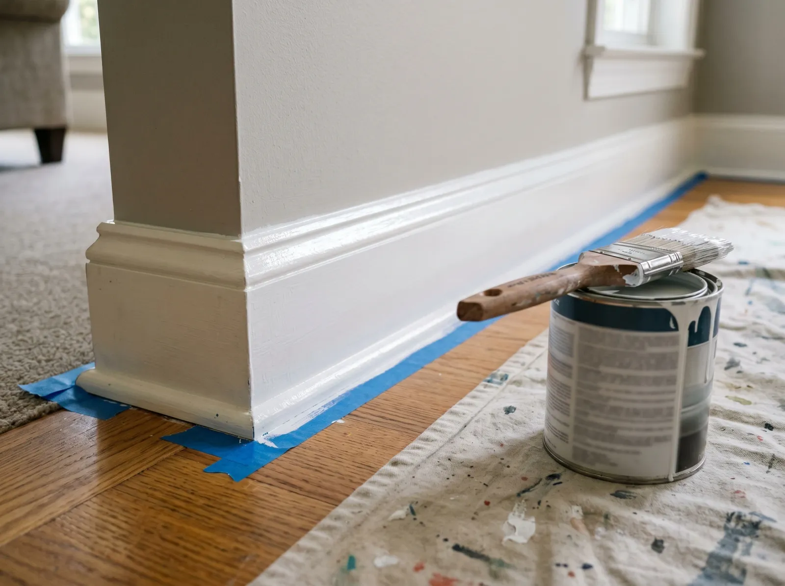 Baseboard with first coat of bright white semi-gloss applied, angled brush resting on an open quart