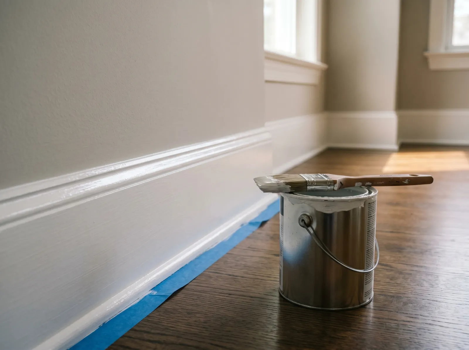 Baseboard with smooth even second coat of bright white semi-gloss trim paint