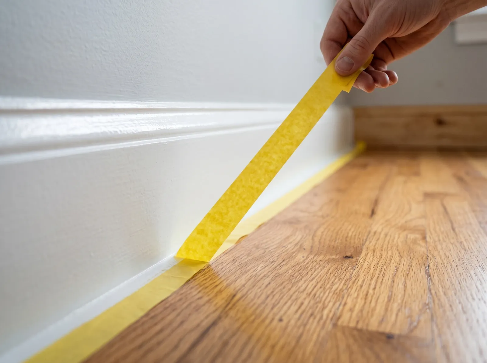 Painter's tape being pulled from a freshly painted white baseboard in one clean strip