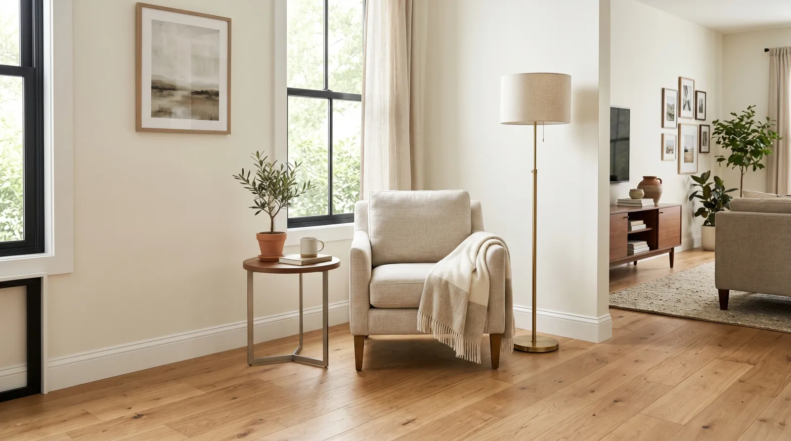 Finished living room corner with crisp white semi-gloss baseboards on warm oak floors