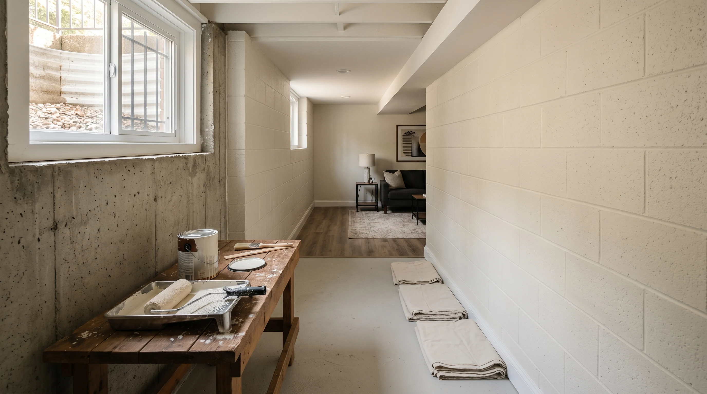 Finished basement with painted CMU block walls in light warm white, poured concrete wall on the far side