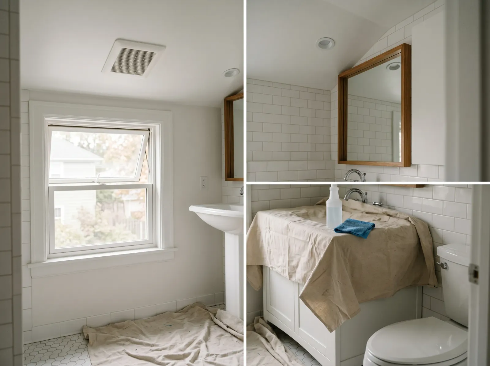 Bathroom prepped for ceiling paint with the floor and vanity draped and the fan running