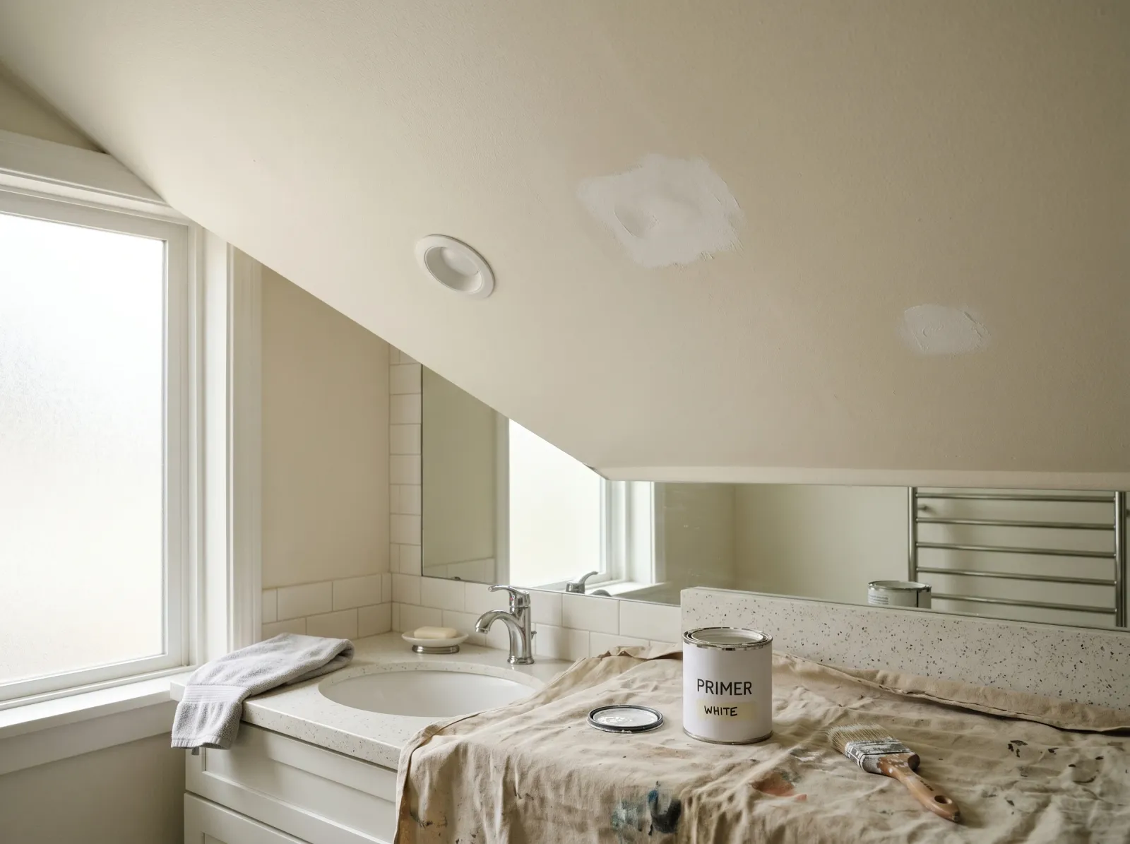 Bathroom ceiling with stain-blocking primer spotted over former water stains