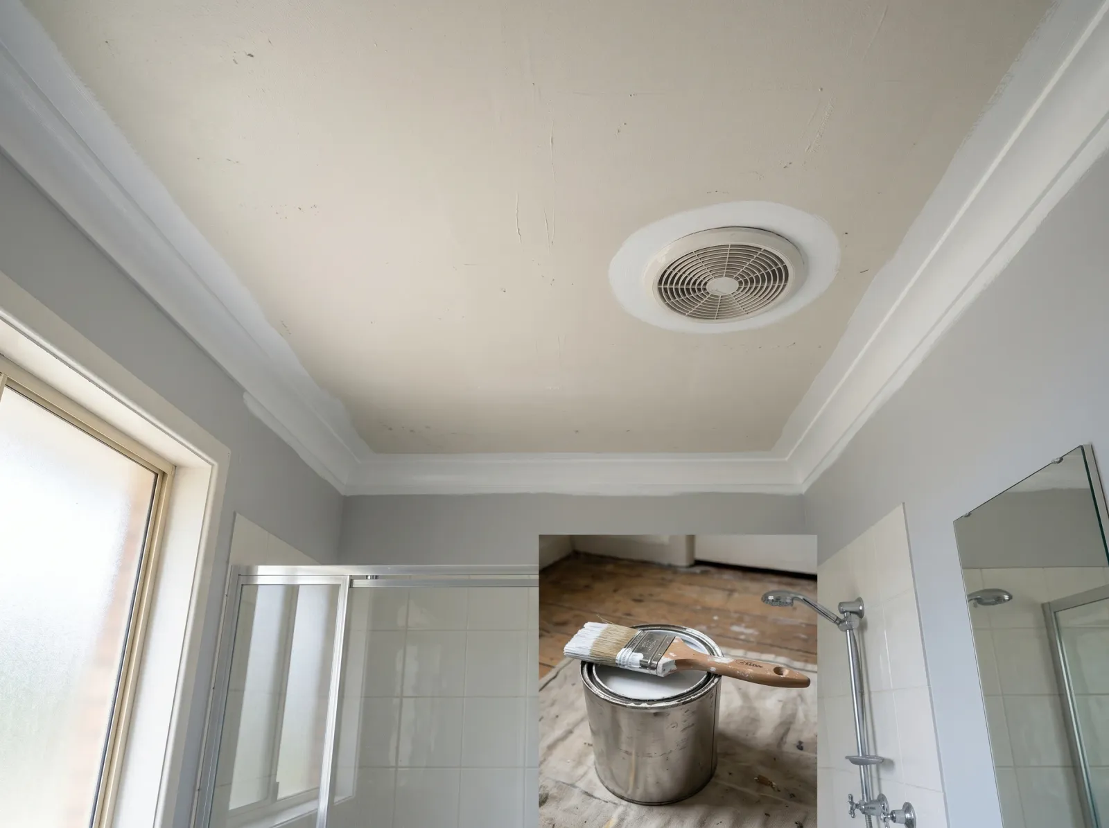 Bathroom ceiling cut in with a white band around the edges and the center still unpainted