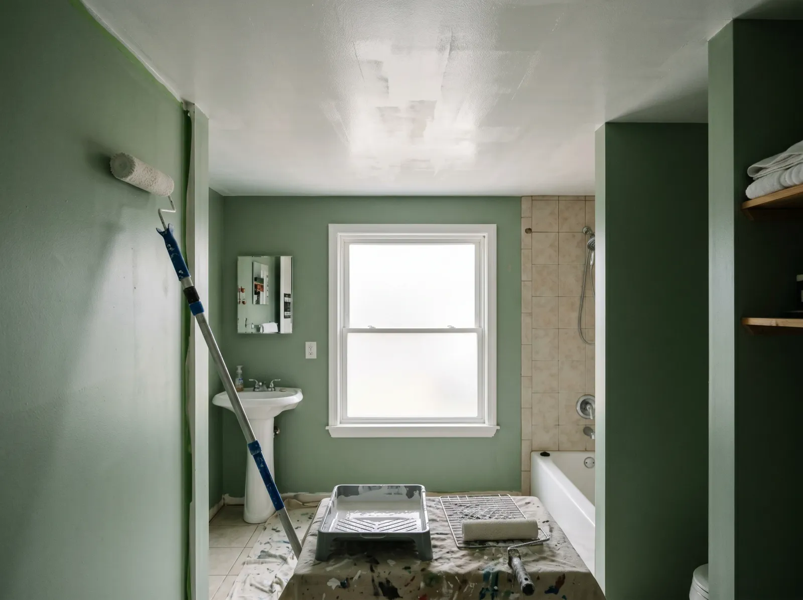 Bathroom ceiling with the first coat of flat white rolled on, still slightly patchy