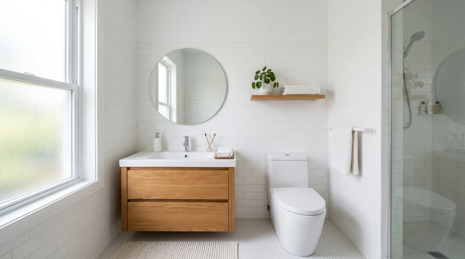 Finished bathroom with a smooth even white ceiling and the room reset