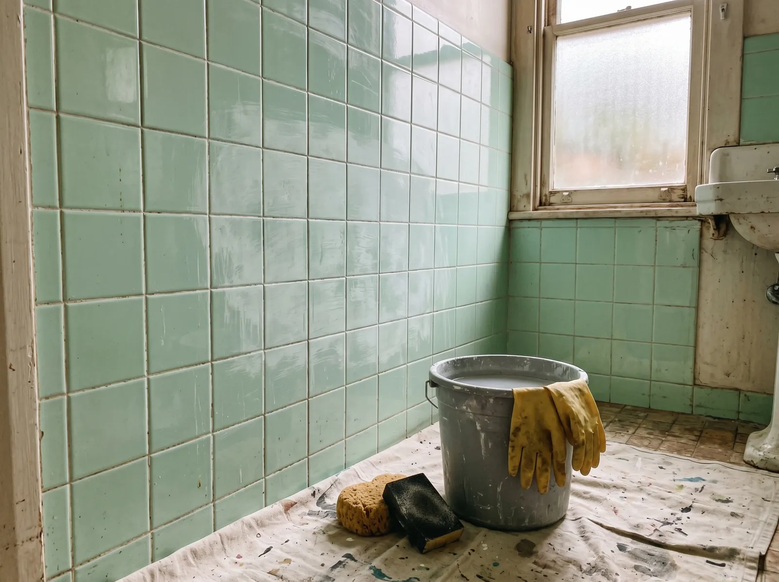 Old bathroom tile scrubbed and scuff-sanded dull, bucket and sanding sponge nearby