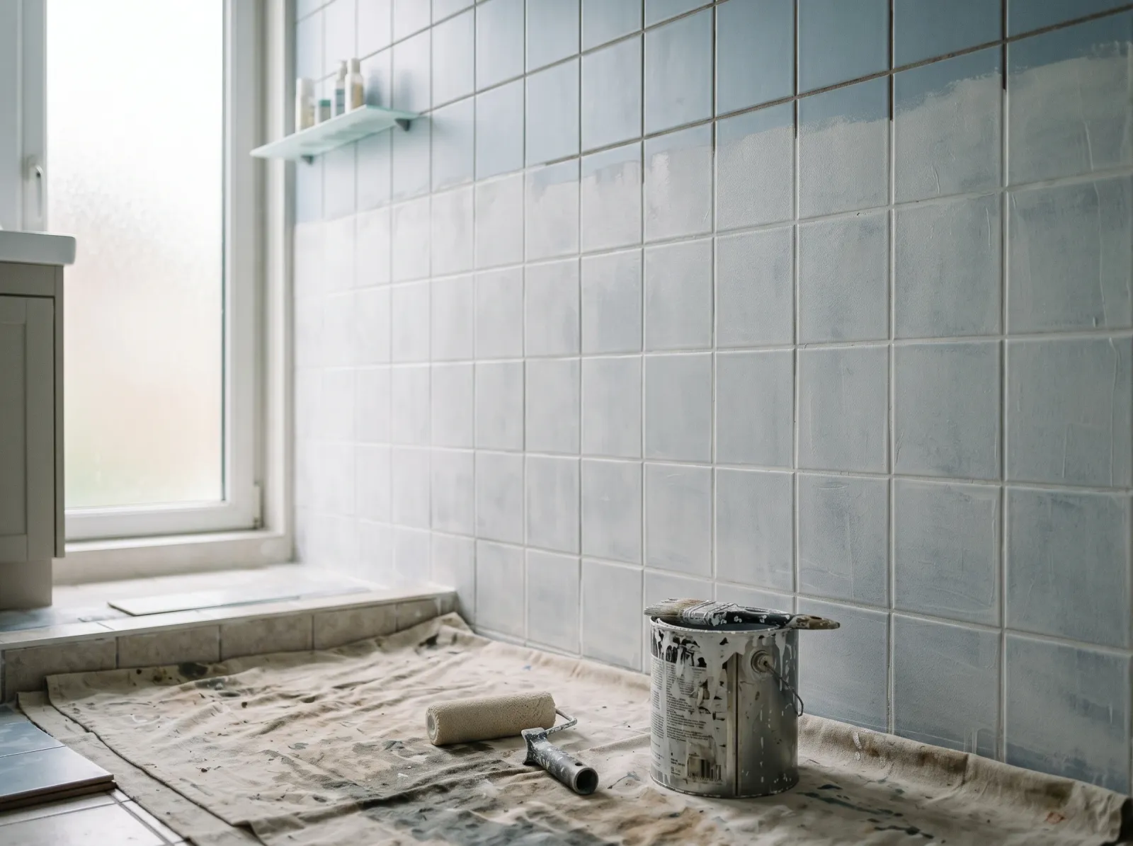Bathroom tile coated in one thin coat of white-grey bonding primer