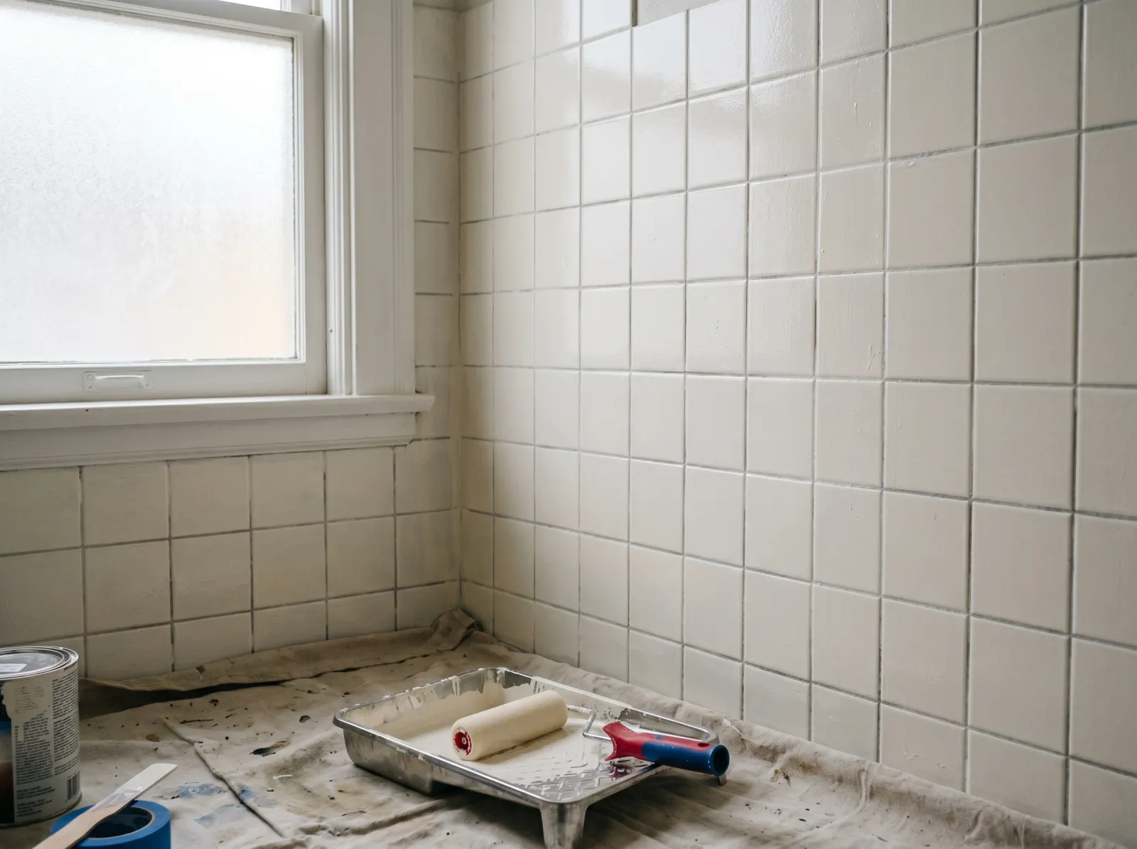 Bathroom tile with a thin first coat of warm-white enamel, grout lines faintly visible