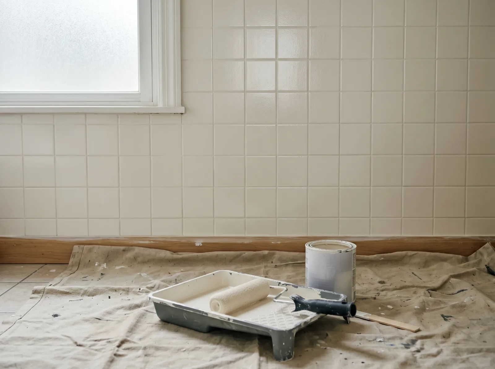 Bathroom tile with an even second coat of warm-white enamel and a smooth finish