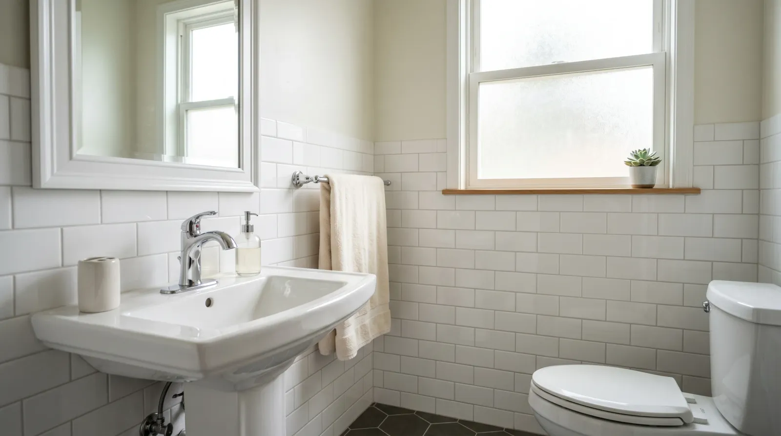 Finished bathroom with refinished white tile, fixtures back, cured and ready