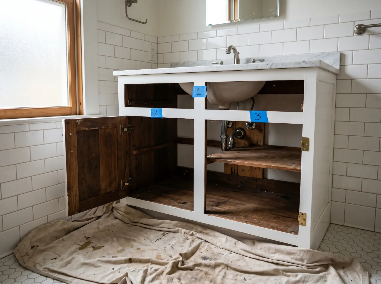Bathroom vanity with doors and drawer front removed, numbered tape on the box