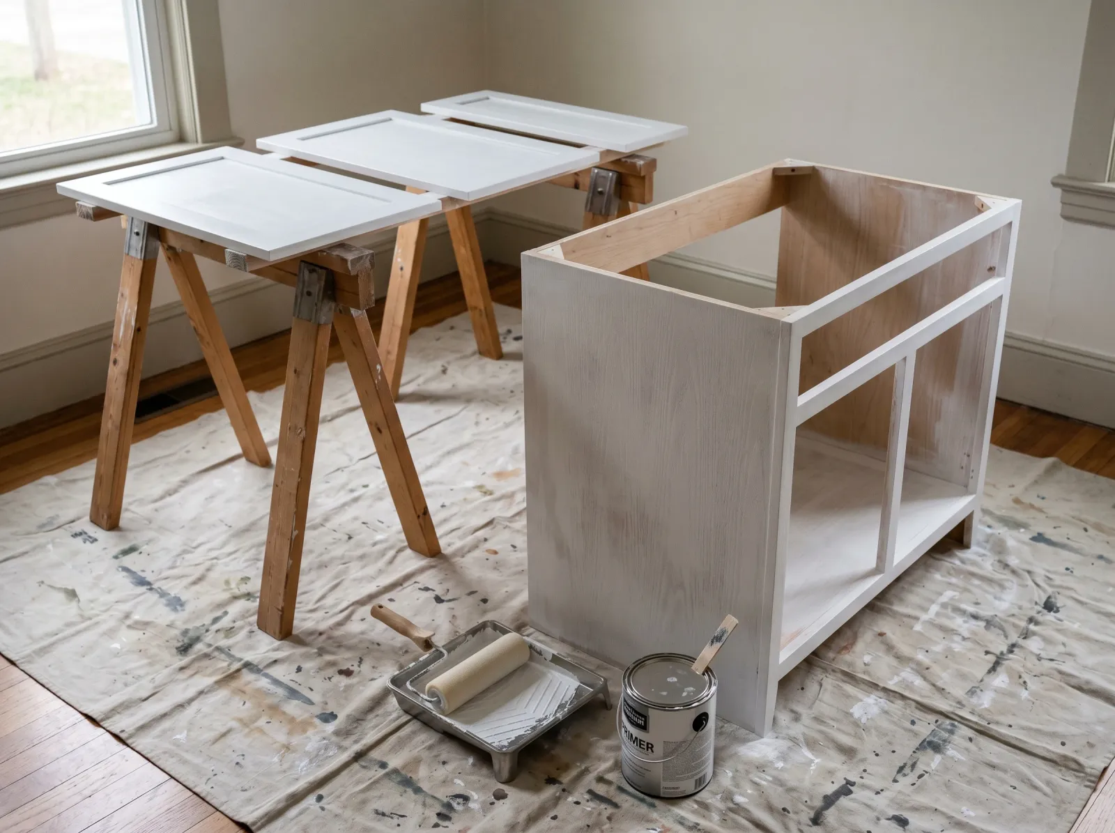 Bathroom vanity box and doors after one coat of bonding primer