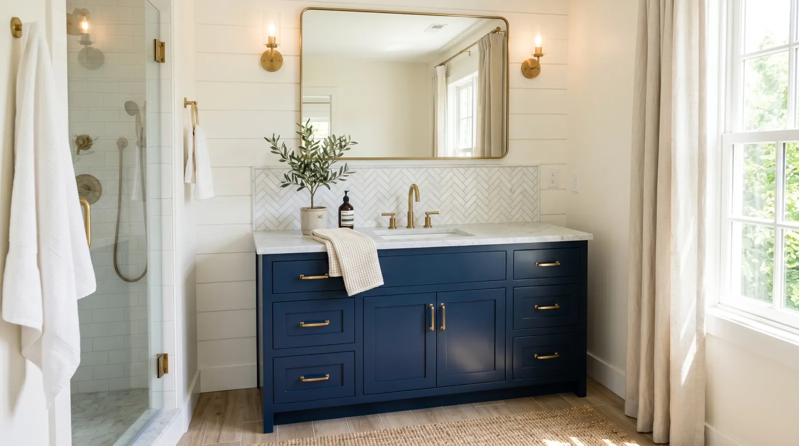 Finished bathroom with navy painted vanity and brass hardware reinstalled