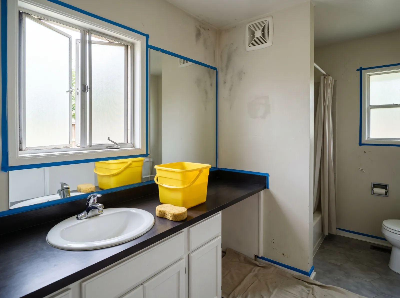 Small bathroom cleared for painting with mold spots wiped and the window open for airflow