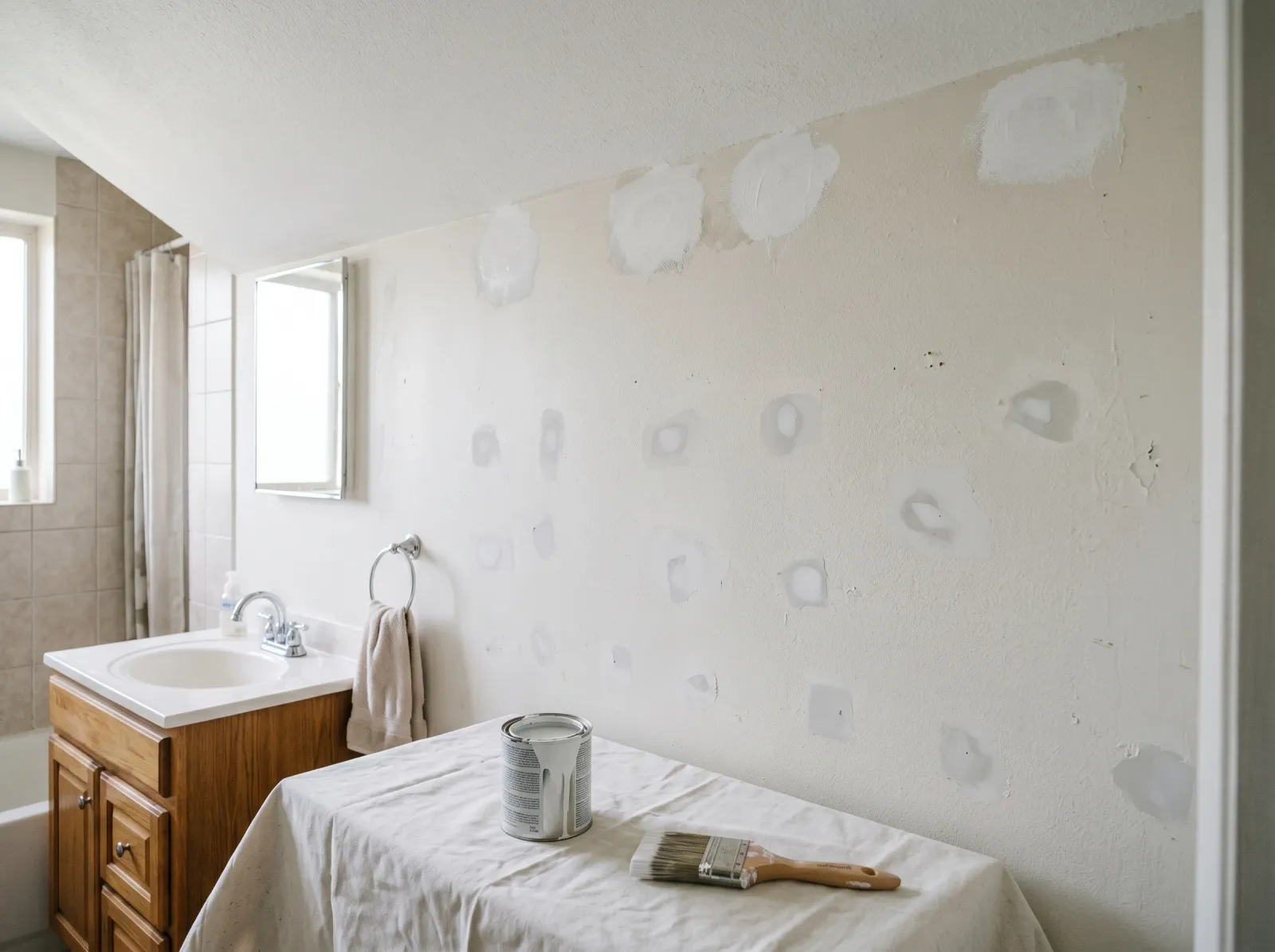 Bathroom wall with white primer spots over old water stains and sanded spackle patches